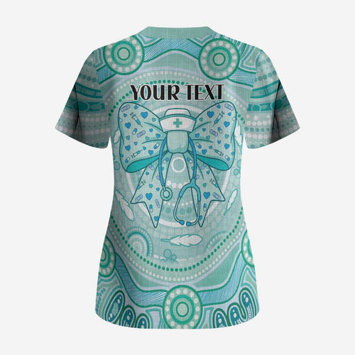 Aussie Nurse Personalised Scrub Top Turquoise Stethoscope Coquette Bow Aboriginal Dot Art
