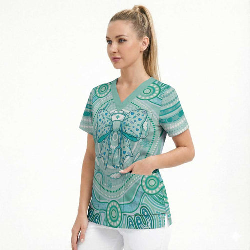 Aussie Nurse Personalised Scrub Top Turquoise Stethoscope Coquette Bow Aboriginal Dot Art