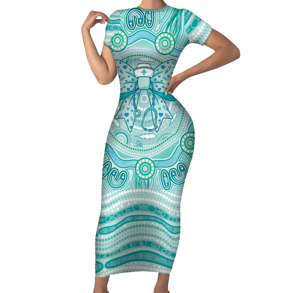 Aussie Nurse Personalised Short Sleeve Bodycon Dress Turquoise Stethoscope Coquette Bow Aboriginal Dot Art
