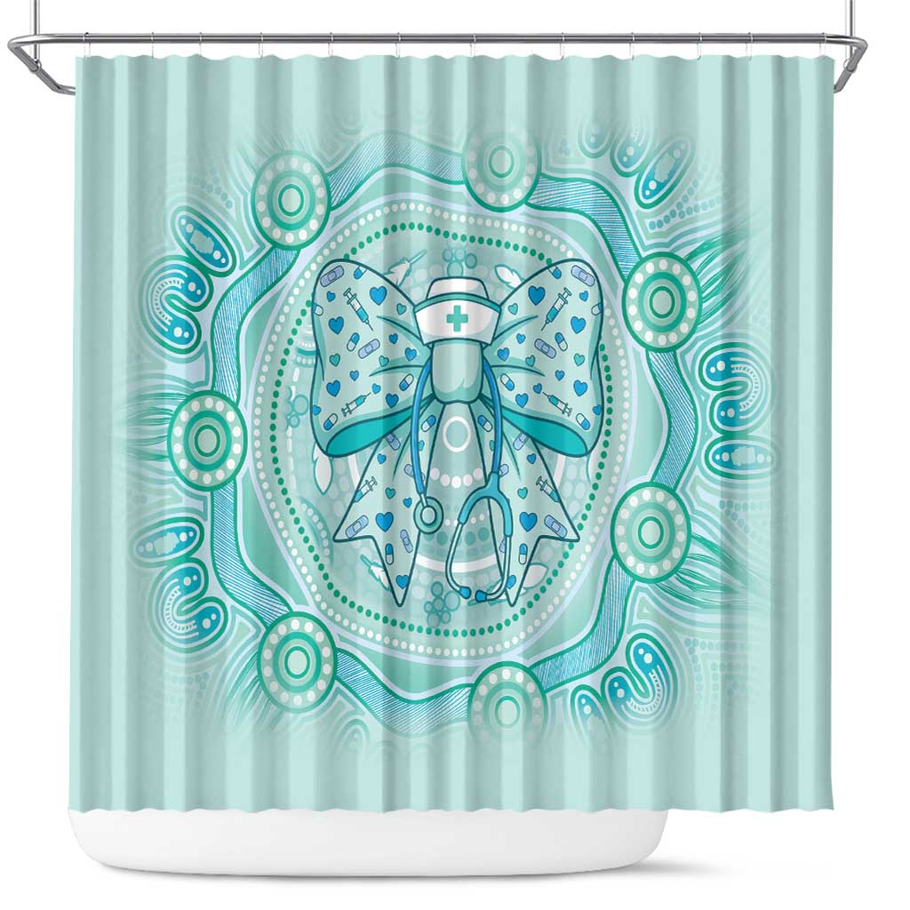 Aussie Nurse Shower Curtain Turquoise Stethoscope Coquette Bow Aboriginal Dot Art