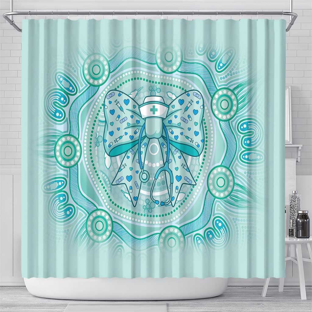 Aussie Nurse Shower Curtain Turquoise Stethoscope Coquette Bow Aboriginal Dot Art