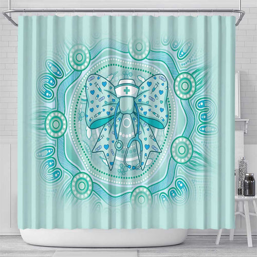 Aussie Nurse Shower Curtain Turquoise Stethoscope Coquette Bow Aboriginal Dot Art