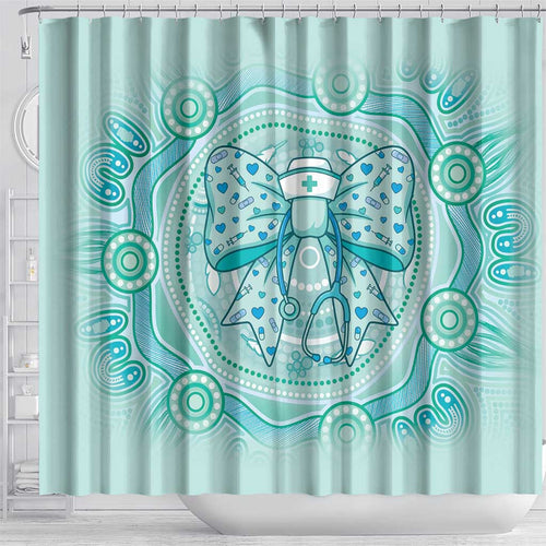 Aussie Nurse Shower Curtain Turquoise Stethoscope Coquette Bow Aboriginal Dot Art