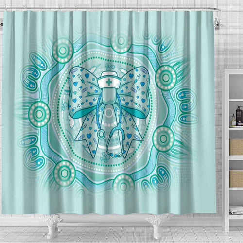 Aussie Nurse Shower Curtain Turquoise Stethoscope Coquette Bow Aboriginal Dot Art