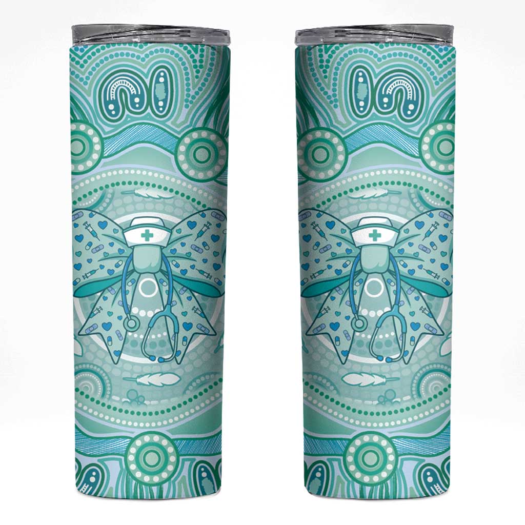 Aussie Nurse Personalised Skinny Tumbler Turquoise Stethoscope Coquette Bow Aboriginal Dot Art
