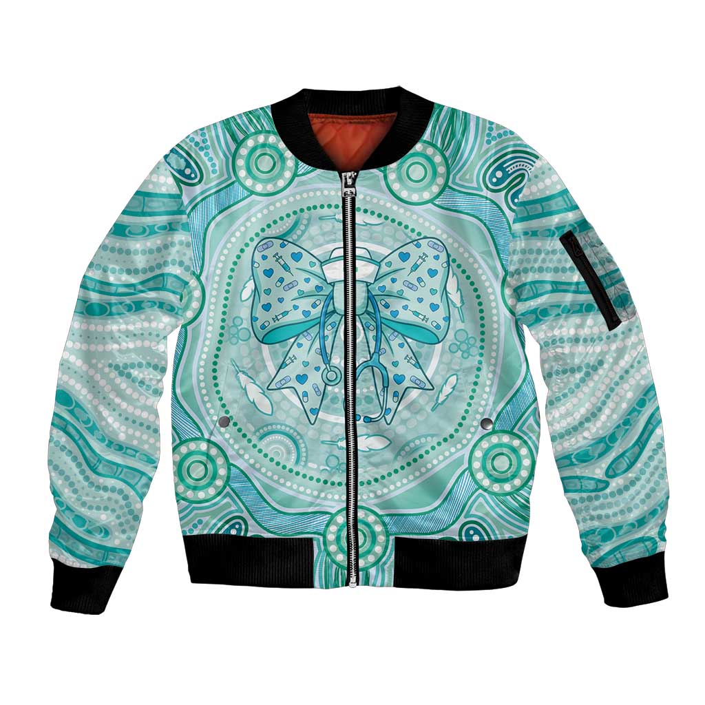 Aussie Nurse Personalised Sleeve Zip Bomber Jacket Turquoise Stethoscope Coquette Bow Aboriginal Dot Art