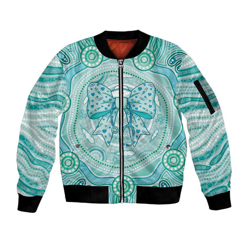 Aussie Nurse Personalised Sleeve Zip Bomber Jacket Turquoise Stethoscope Coquette Bow Aboriginal Dot Art