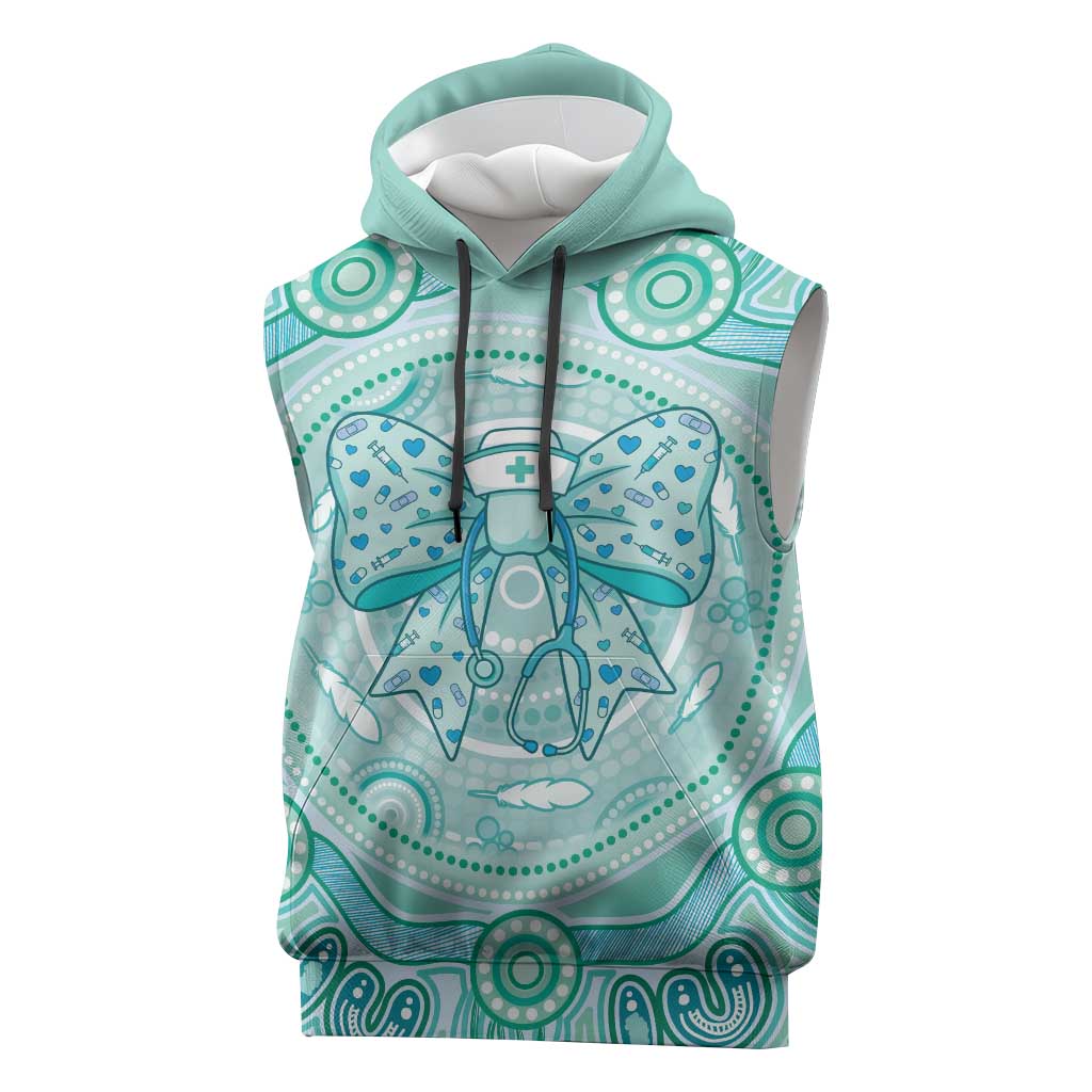 Aussie Nurse Personalised Sleeveless Hoodie Turquoise Stethoscope Coquette Bow Aboriginal Dot Art