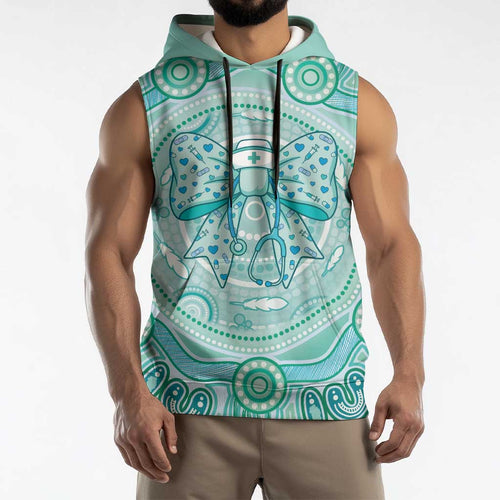 Aussie Nurse Personalised Sleeveless Hoodie Turquoise Stethoscope Coquette Bow Aboriginal Dot Art