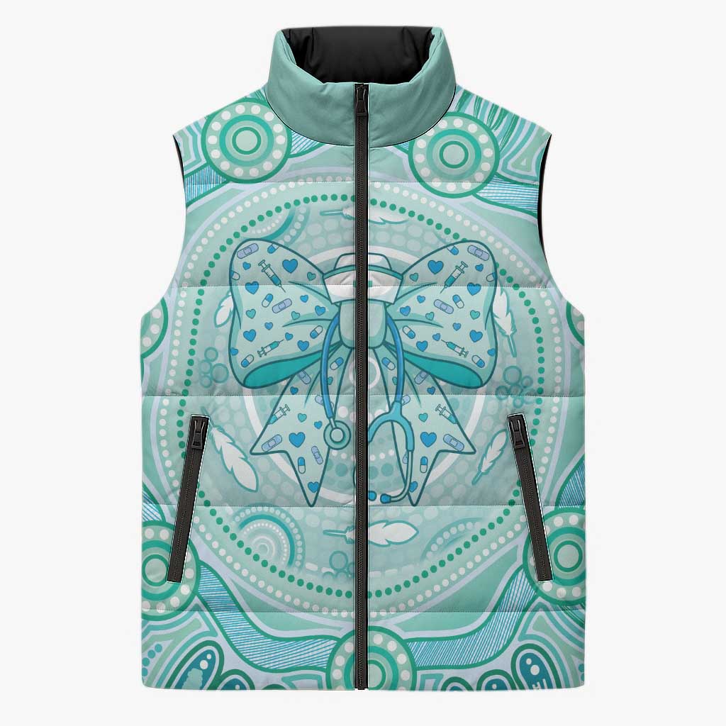Aussie Nurse Personalised Sleeveless Puffer Jacket Turquoise Stethoscope Coquette Bow Aboriginal Dot Art
