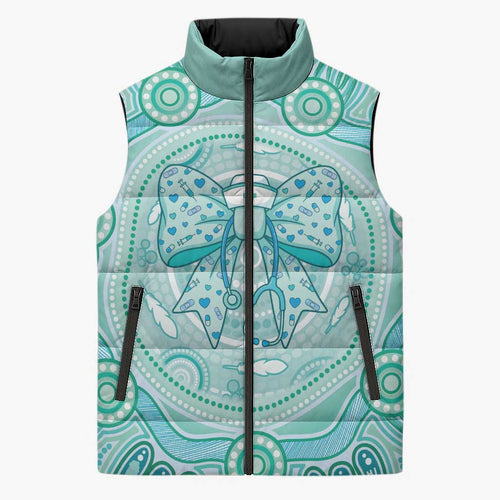 Aussie Nurse Personalised Sleeveless Puffer Jacket Turquoise Stethoscope Coquette Bow Aboriginal Dot Art