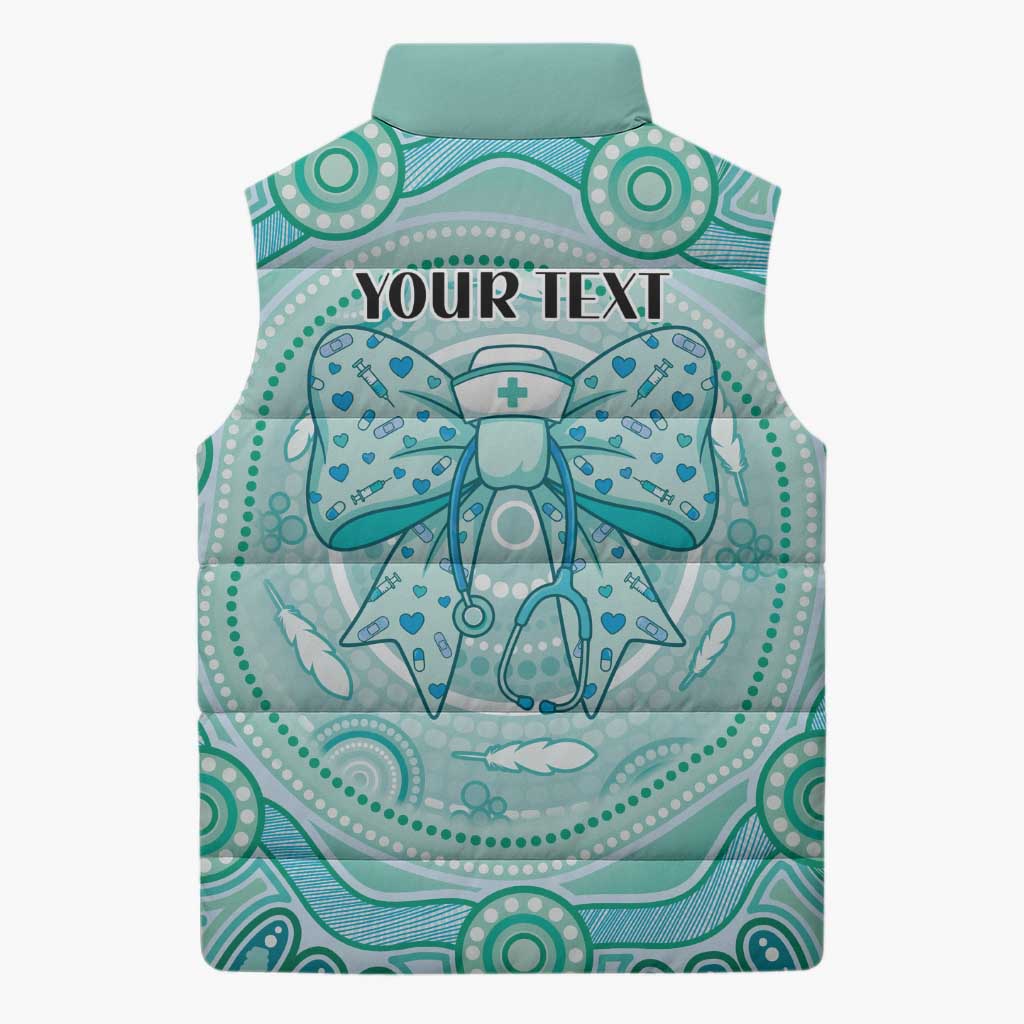 Aussie Nurse Personalised Sleeveless Puffer Jacket Turquoise Stethoscope Coquette Bow Aboriginal Dot Art