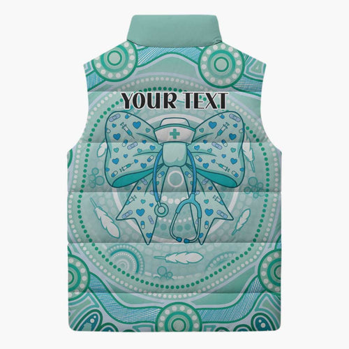 Aussie Nurse Personalised Sleeveless Puffer Jacket Turquoise Stethoscope Coquette Bow Aboriginal Dot Art