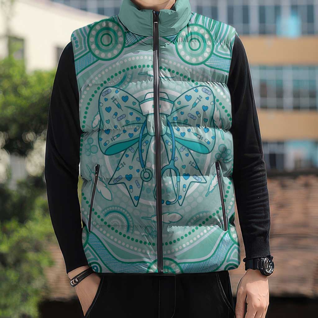 Aussie Nurse Personalised Sleeveless Puffer Jacket Turquoise Stethoscope Coquette Bow Aboriginal Dot Art