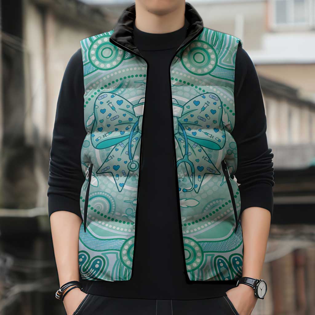 Aussie Nurse Personalised Sleeveless Puffer Jacket Turquoise Stethoscope Coquette Bow Aboriginal Dot Art