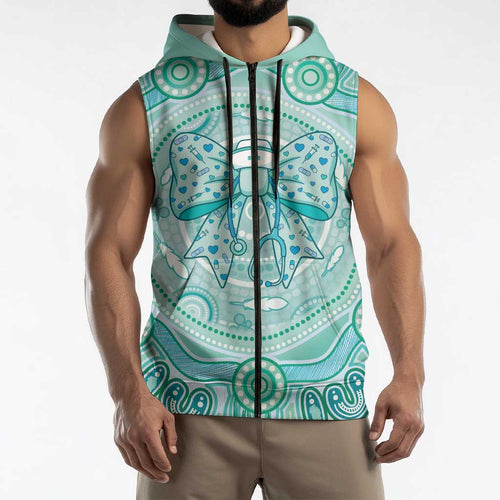 Aussie Nurse Personalised Sleeveless Zip Hoodie Turquoise Stethoscope Coquette Bow Aboriginal Dot Art