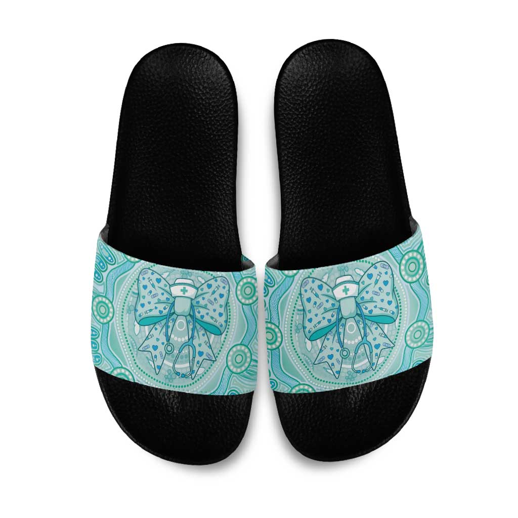 Aussie Nurse Slide Sandals Turquoise Stethoscope Coquette Bow Aboriginal Dot Art