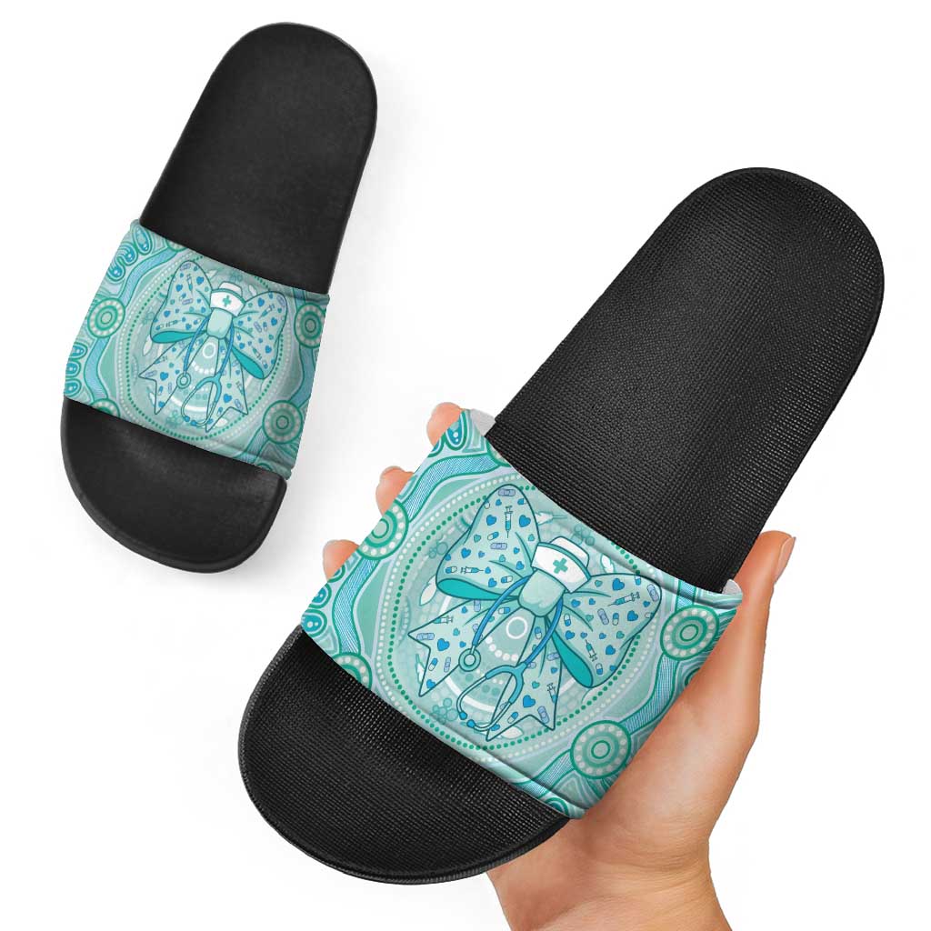 Aussie Nurse Slide Sandals Turquoise Stethoscope Coquette Bow Aboriginal Dot Art
