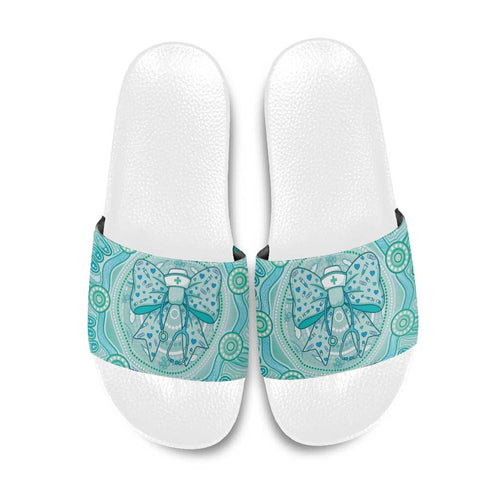 Aussie Nurse Slide Sandals Turquoise Stethoscope Coquette Bow Aboriginal Dot Art