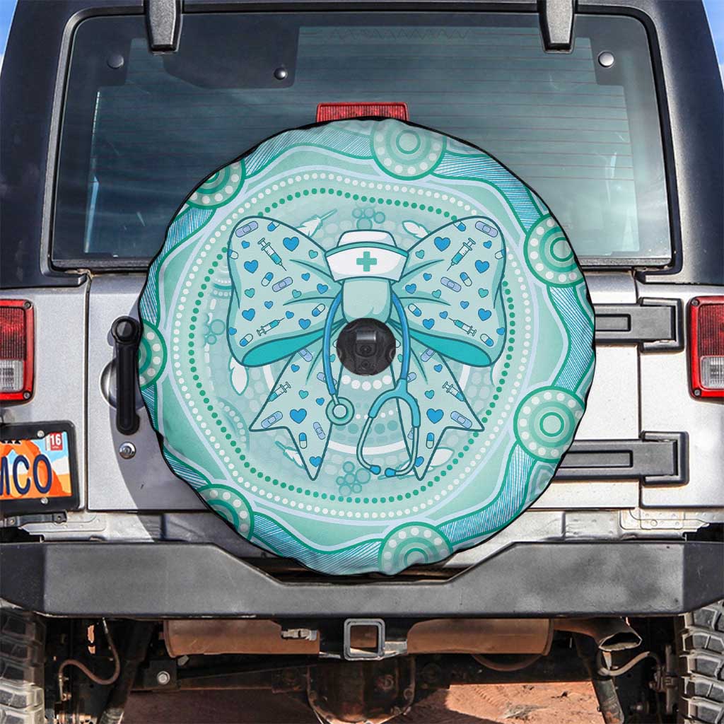 Aussie Nurse Spare Tire Cover Turquoise Stethoscope Coquette Bow Aboriginal Dot Art