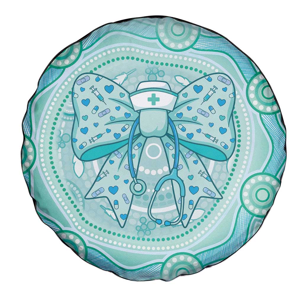 Aussie Nurse Spare Tire Cover Turquoise Stethoscope Coquette Bow Aboriginal Dot Art
