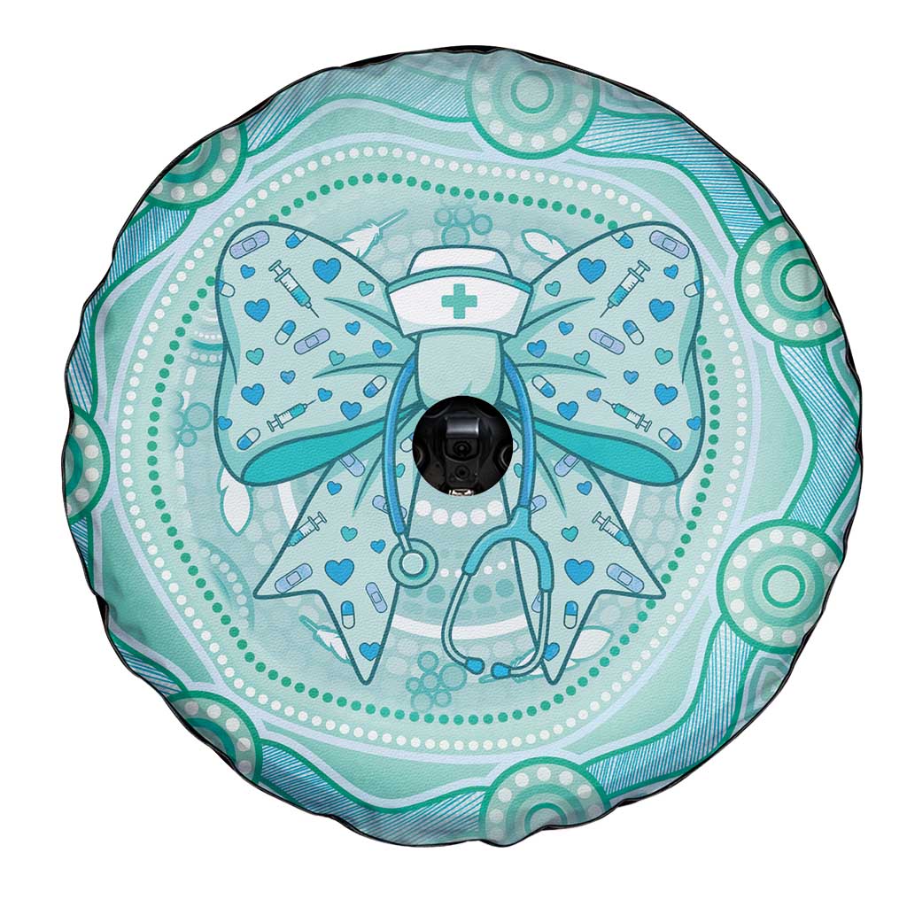 Aussie Nurse Spare Tire Cover Turquoise Stethoscope Coquette Bow Aboriginal Dot Art