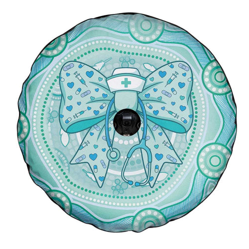 Aussie Nurse Spare Tire Cover Turquoise Stethoscope Coquette Bow Aboriginal Dot Art