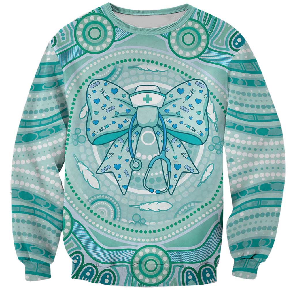 Aussie Nurse Personalised Sweatshirt Turquoise Stethoscope Coquette Bow Aboriginal Dot Art