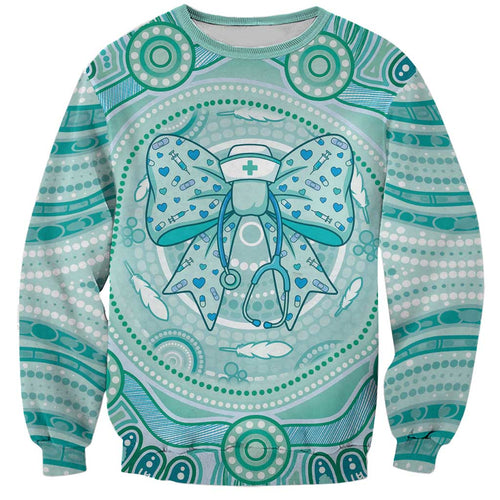 Aussie Nurse Personalised Sweatshirt Turquoise Stethoscope Coquette Bow Aboriginal Dot Art