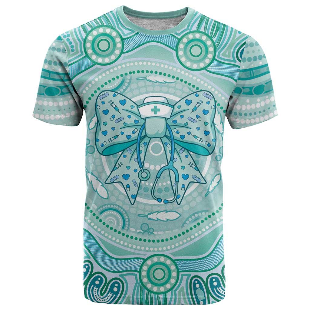 Aussie Nurse Personalised T Shirt Turquoise Stethoscope Coquette Bow Aboriginal Dot Art