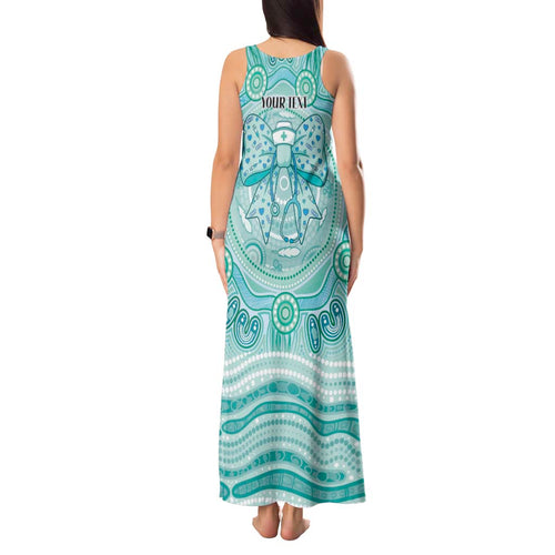Aussie Nurse Personalised Tank Maxi Dress Turquoise Stethoscope Coquette Bow Aboriginal Dot Art
