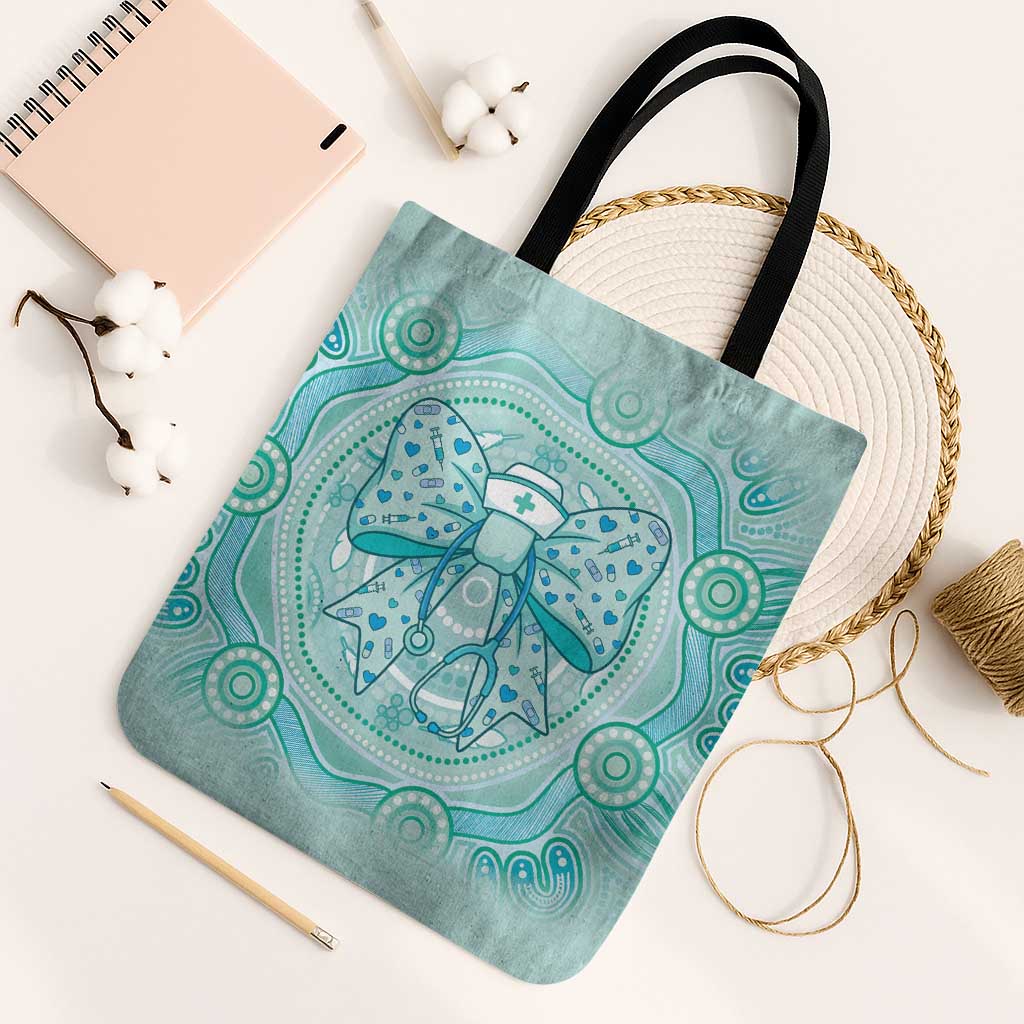 Aussie Nurse Tote Bag Turquoise Stethoscope Coquette Bow Aboriginal Dot Art