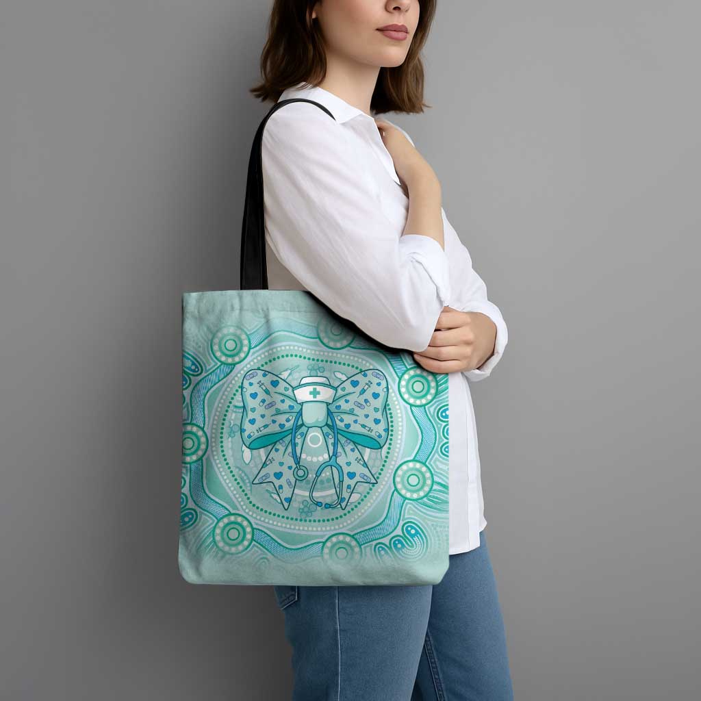 Aussie Nurse Tote Bag Turquoise Stethoscope Coquette Bow Aboriginal Dot Art