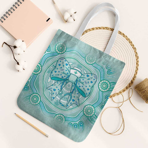 Aussie Nurse Tote Bag Turquoise Stethoscope Coquette Bow Aboriginal Dot Art