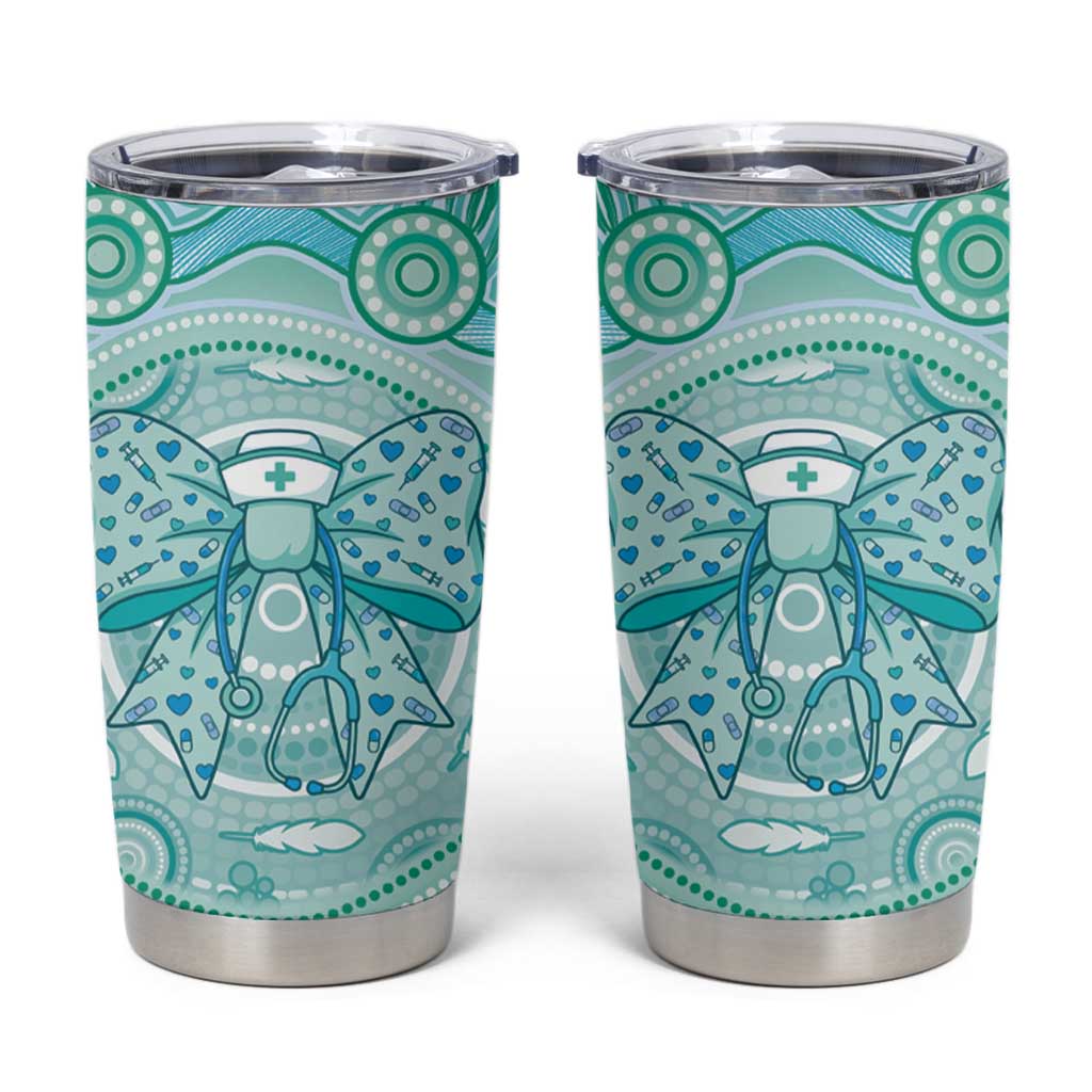 Aussie Nurse Personalised Tumbler Cup Turquoise Stethoscope Coquette Bow Aboriginal Dot Art
