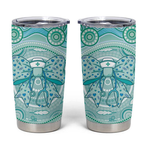 Aussie Nurse Personalised Tumbler Cup Turquoise Stethoscope Coquette Bow Aboriginal Dot Art