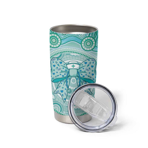 Aussie Nurse Personalised Tumbler Cup Turquoise Stethoscope Coquette Bow Aboriginal Dot Art