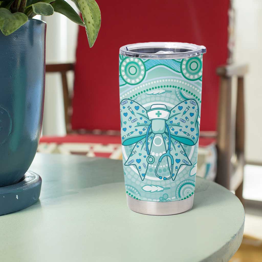 Aussie Nurse Personalised Tumbler Cup Turquoise Stethoscope Coquette Bow Aboriginal Dot Art