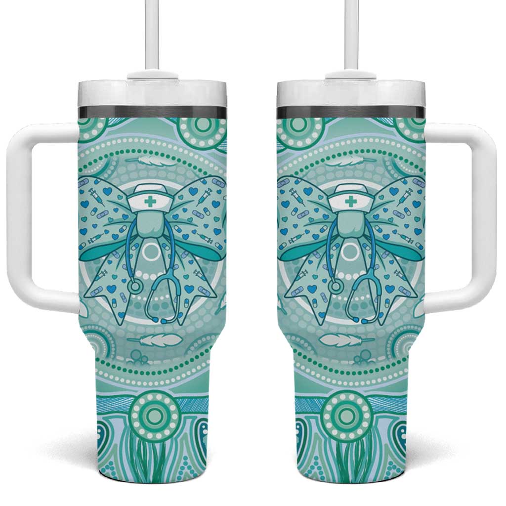 Aussie Nurse Personalised Tumbler With Handle Turquoise Stethoscope Coquette Bow Aboriginal Dot Art