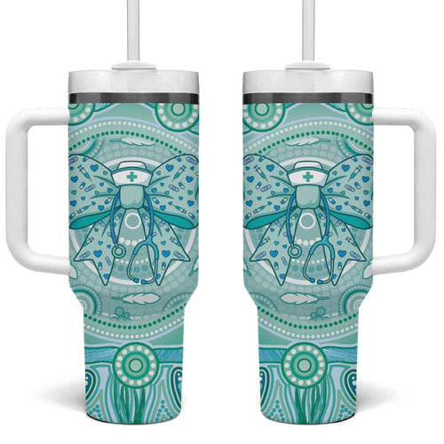 Aussie Nurse Personalised Tumbler With Handle Turquoise Stethoscope Coquette Bow Aboriginal Dot Art