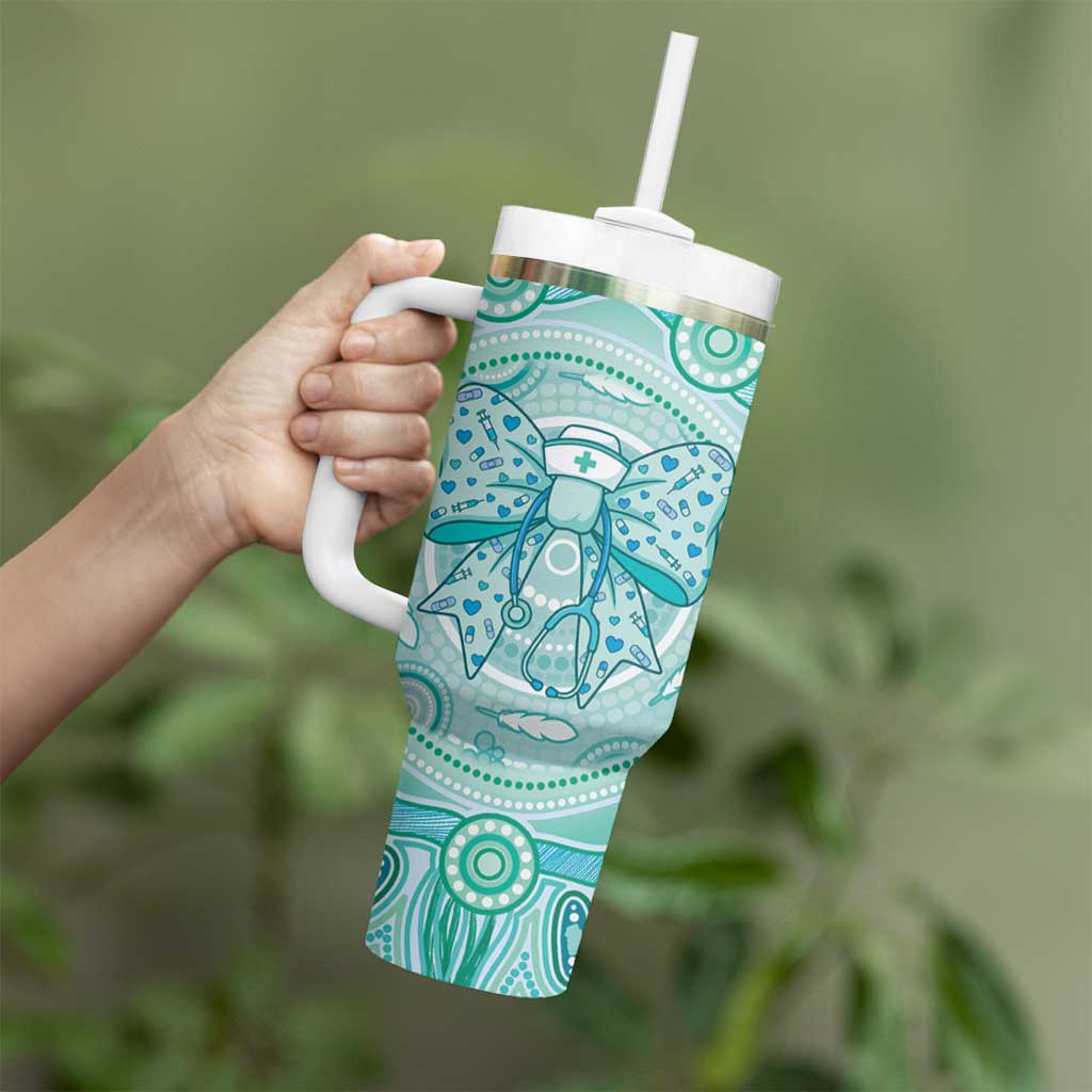 Aussie Nurse Personalised Tumbler With Handle Turquoise Stethoscope Coquette Bow Aboriginal Dot Art