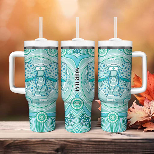 Aussie Nurse Personalised Tumbler With Handle Turquoise Stethoscope Coquette Bow Aboriginal Dot Art