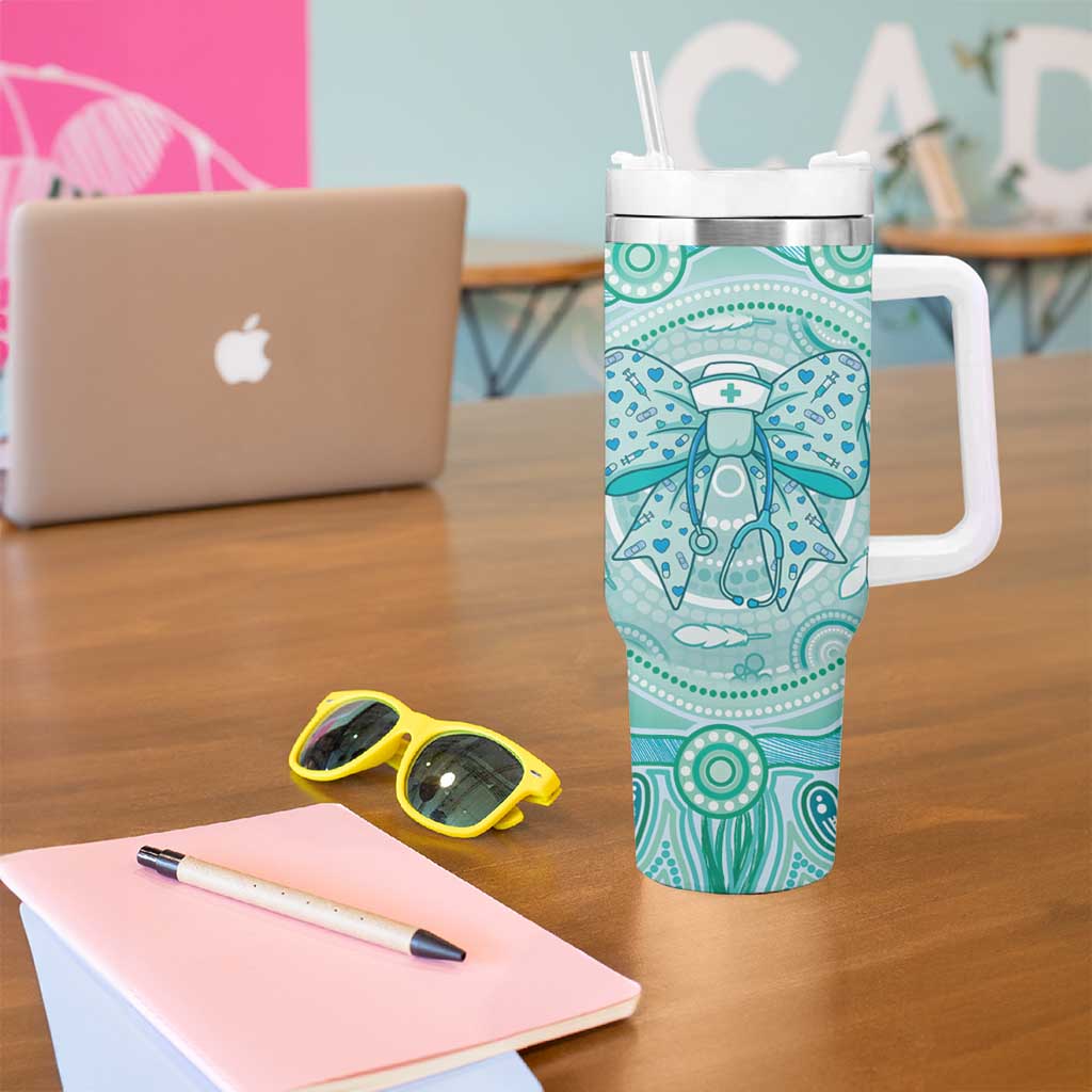 Aussie Nurse Personalised Tumbler With Handle Turquoise Stethoscope Coquette Bow Aboriginal Dot Art