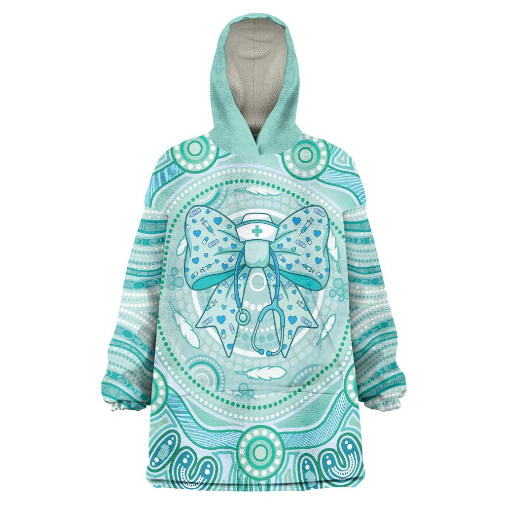 Aussie Nurse Personalised Wearable Blanket Hoodie Turquoise Stethoscope Coquette Bow Aboriginal Dot Art