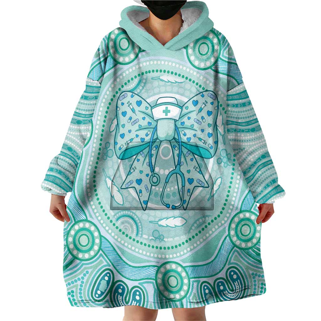 Aussie Nurse Personalised Wearable Blanket Hoodie Turquoise Stethoscope Coquette Bow Aboriginal Dot Art