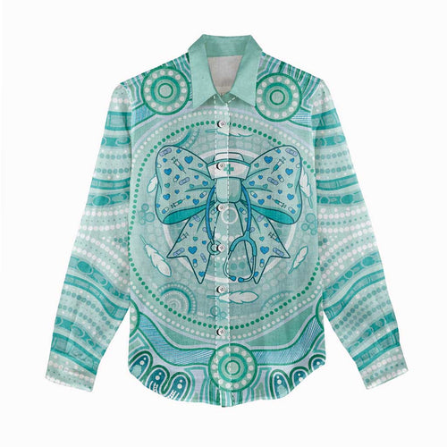 Aussie Nurse Personalised Women Casual Shirt Turquoise Stethoscope Coquette Bow Aboriginal Dot Art
