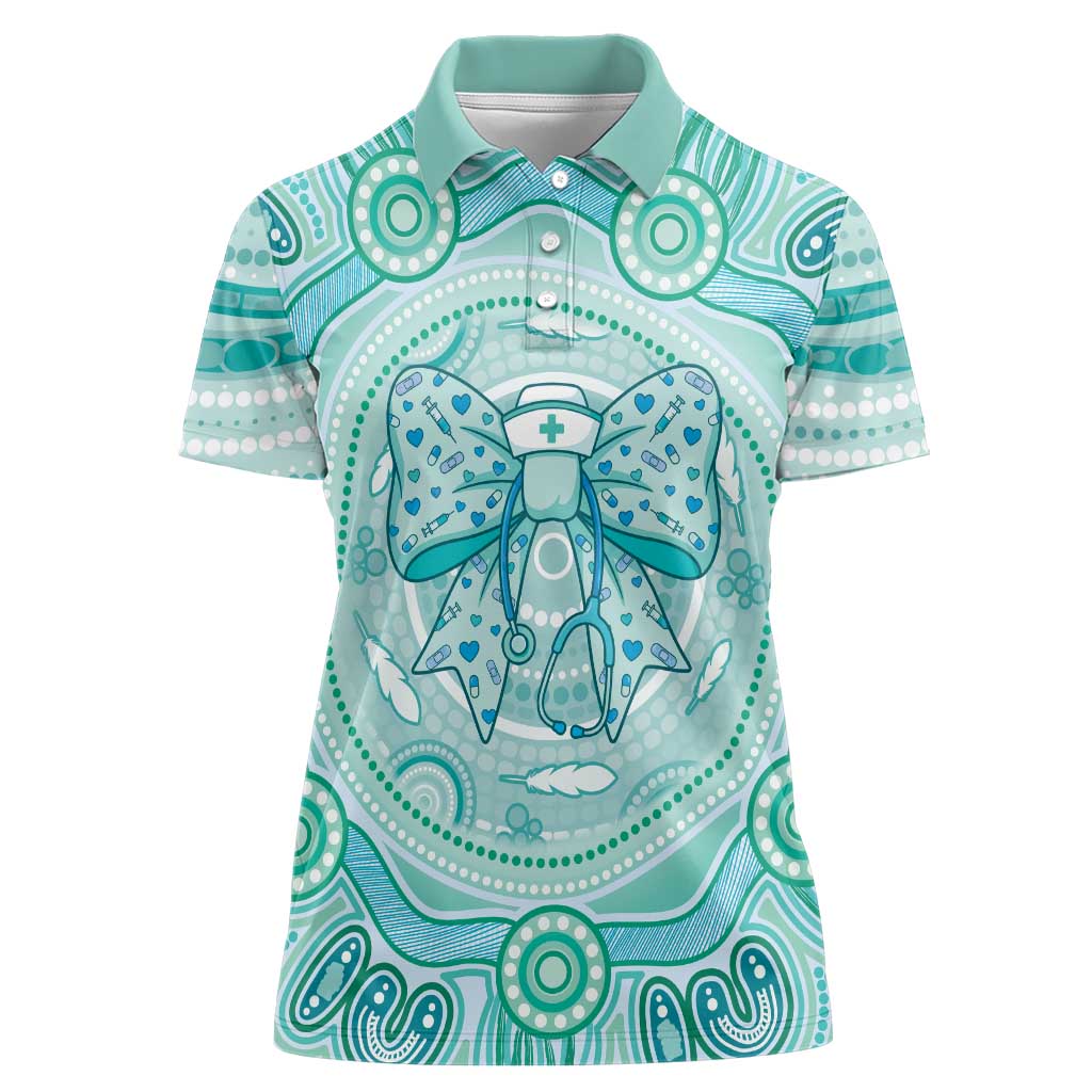 Aussie Nurse Personalised Women Polo Shirt Turquoise Stethoscope Coquette Bow Aboriginal Dot Art