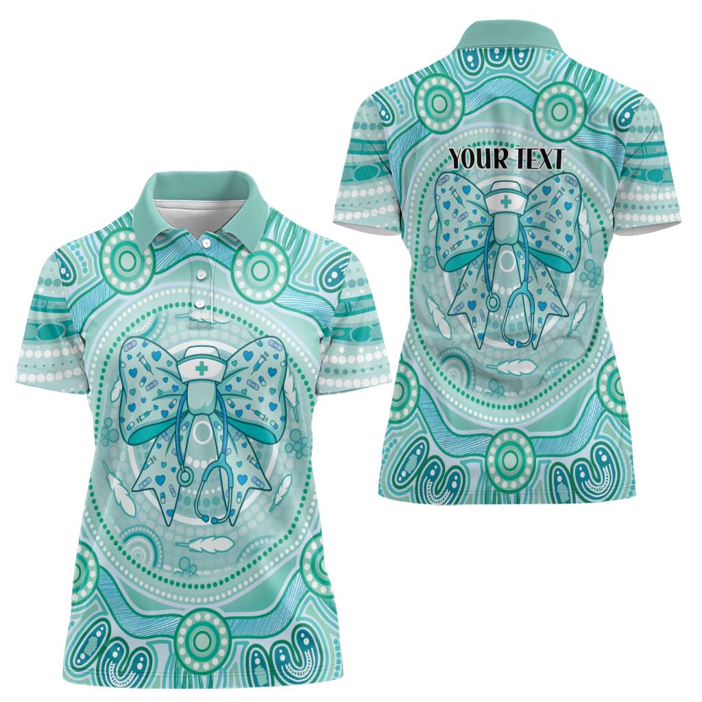 Aussie Nurse Personalised Women Polo Shirt Turquoise Stethoscope Coquette Bow Aboriginal Dot Art