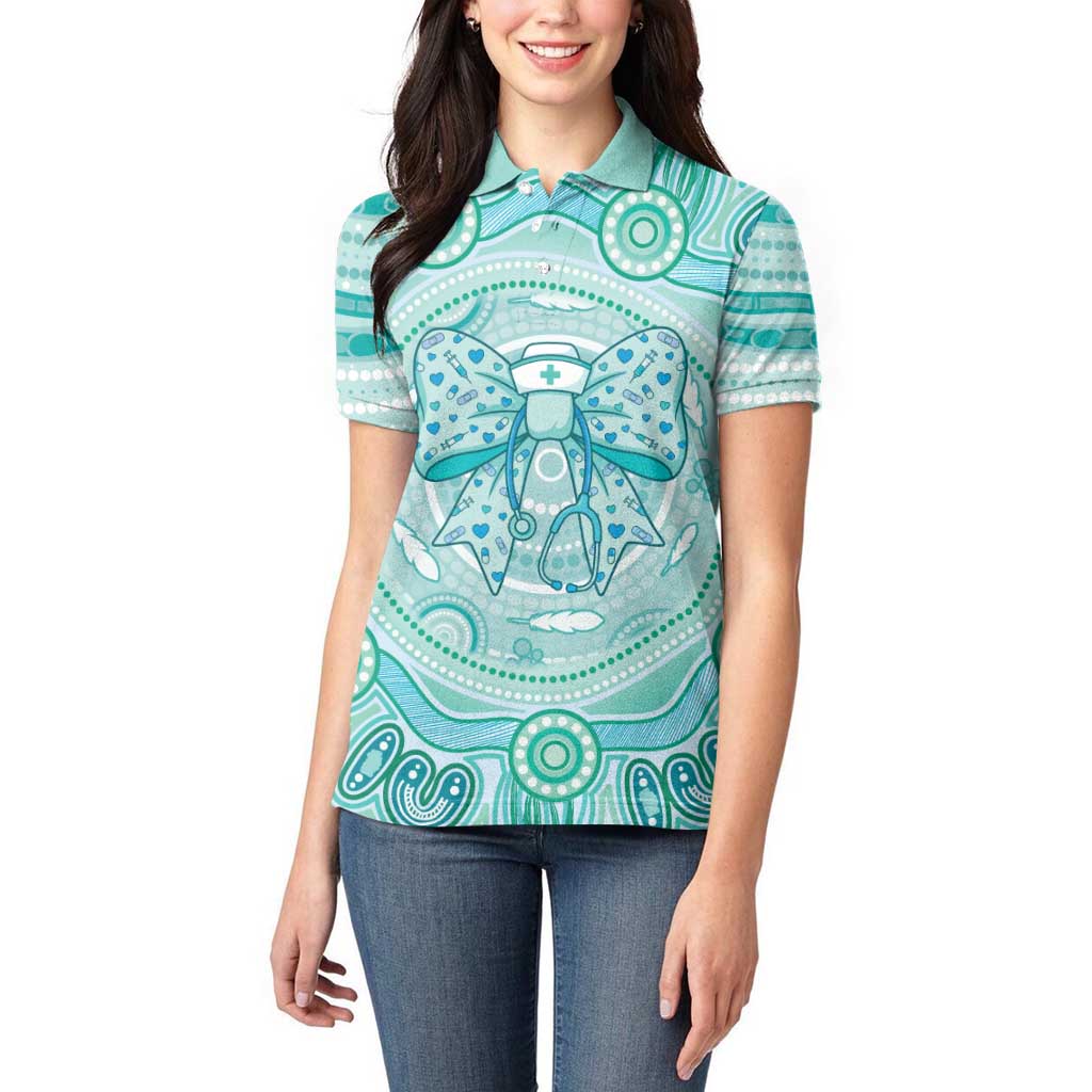 Aussie Nurse Personalised Women Polo Shirt Turquoise Stethoscope Coquette Bow Aboriginal Dot Art