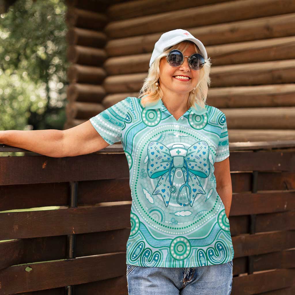 Aussie Nurse Personalised Women Polo Shirt Turquoise Stethoscope Coquette Bow Aboriginal Dot Art